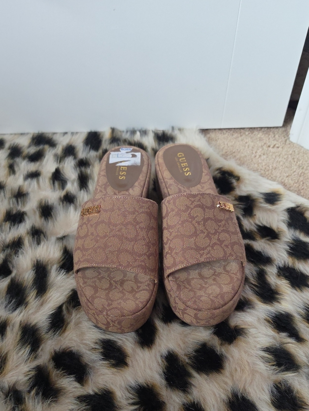 GUESS Brown Monogram Slide Sandals with Gold Accent